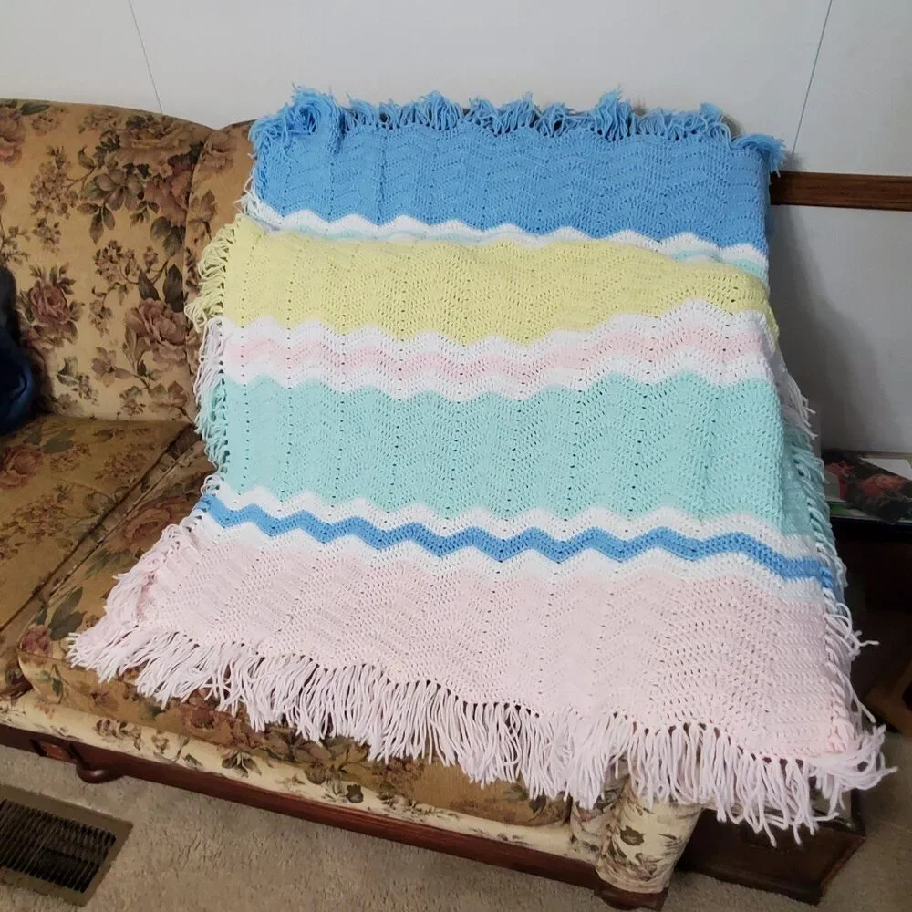 Handmade Crochet Chevron Ripple Baby Blanket Lap Afghan Multicolor With Fringe